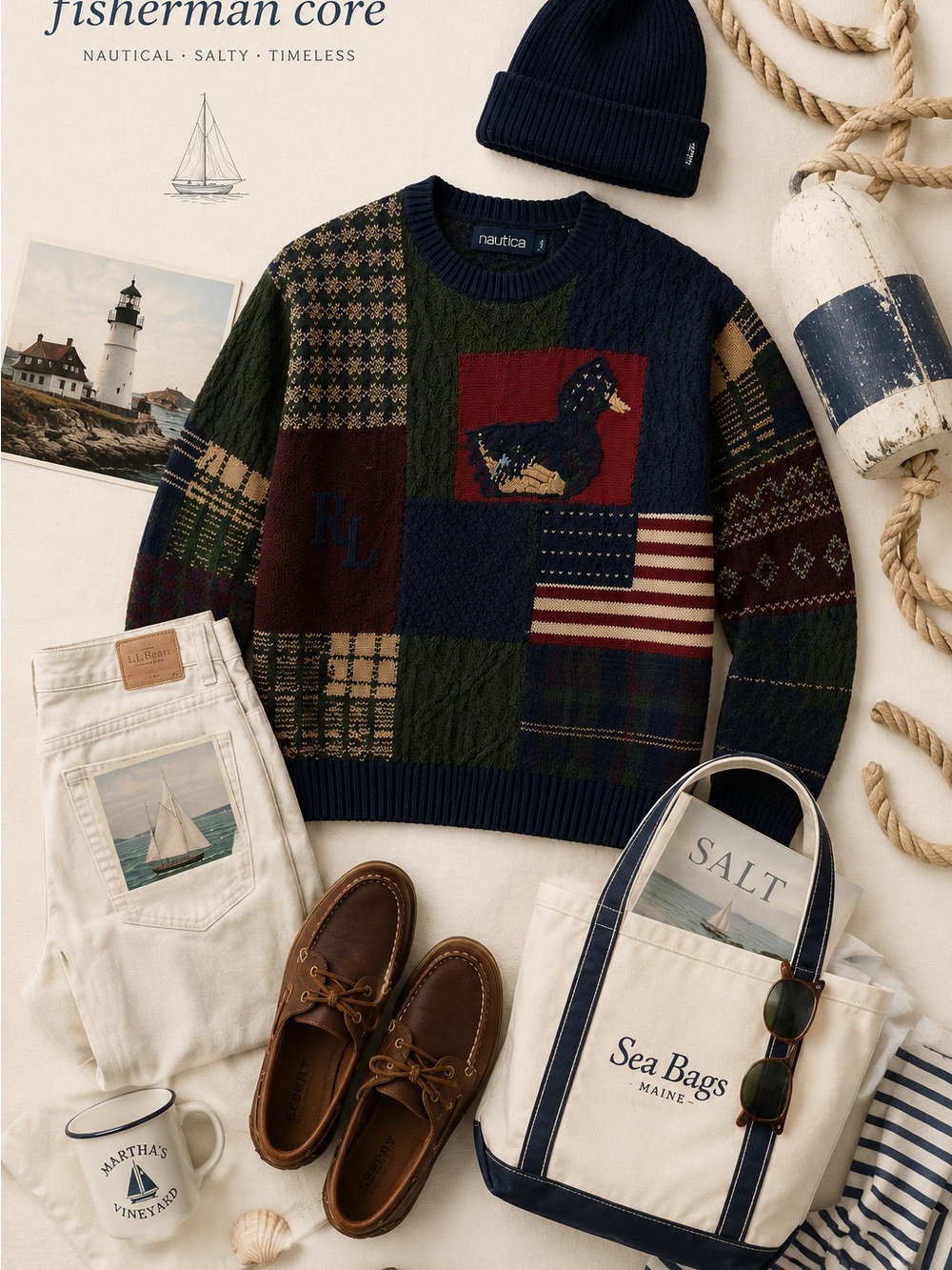 90’s Vintage Nautica Men's Fisherman Patchwork Crewneck Sweater